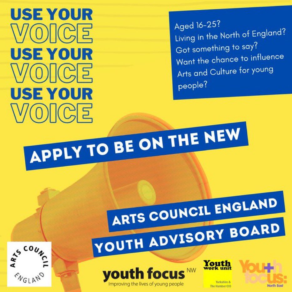 Are you aged 16-25 and based in the North of England? Find out about this exciting opportunity to get your voice heard by being on our first ever <a href="/ace_national/">Arts Council England</a> Youth Advisory Board:
 artscouncil.org.uk/news/we%E2%80%… #LetsCreate #YouthVoice