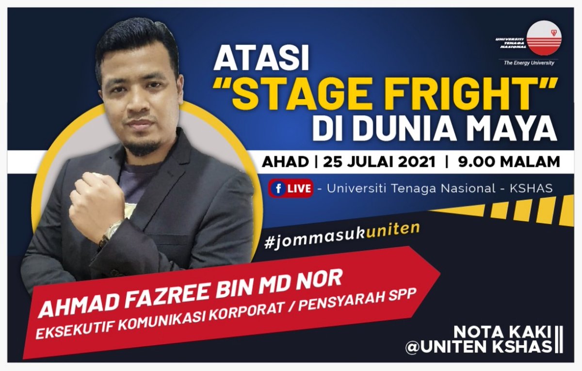 UnitenK's tweet image. En. Ahmad Fazree bin Md Nor, Eksekutif Komunikasi Korporat/ Pensyarah SPP UNITEN KSHAS akan membuat perkongsian tentang *Atasi 'Stage Fright di Dunia Maya'*. dalam siri FB Live Nota Kaki minggu ini.

Ikuti siarannya:
📌Ahad, 25 Julai 2021
🕘pukul 9.00 mlm