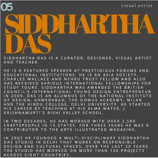 ArtEast_India's tweet photo. Our next guest, Siddhartha Das is a visual artist, designer, and teacher. He has worked with thousands of artisans from all over India. His multi-disciplinary studio, among other things, hosts art and livelihood programmes rooted in crafts communities.
#art #arteast #livelihood https://t.co/Kn0Is09lBu