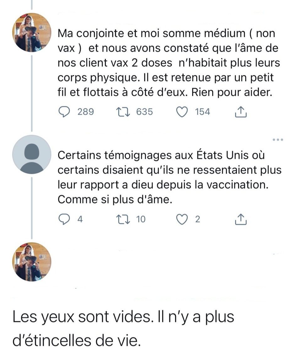 Rappel : si vous avez été vacciné(e) il est normal de voir son âme flotter à côté de soi, retenue par un fil. Aspirez-la comme un spaghetti et tout rentrera dans l'ordre. ✔