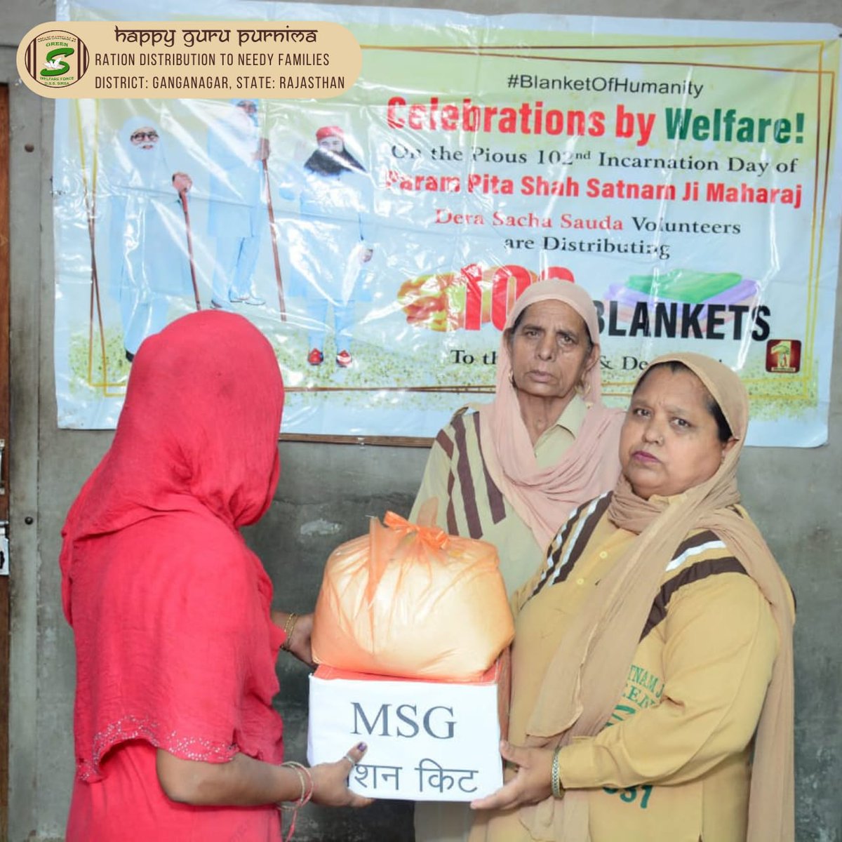 GreenSwelfares's tweet photo. DERA SACHA SAUDA VOLUNTEERS | SRI GANGANAGAR | RAJASTHAN(INDIA)
On the pious occasion of #GuruPurnima, Dera Sacha Sauda volunteers kept fast for one day &amp; distributed ration kits to needy families.
#Foodbank #HappyGuruPurnima #happygurupurnima2021 #gurupoornima #GuruPoornima2021 https://t.co/P3dqZ7LTOB