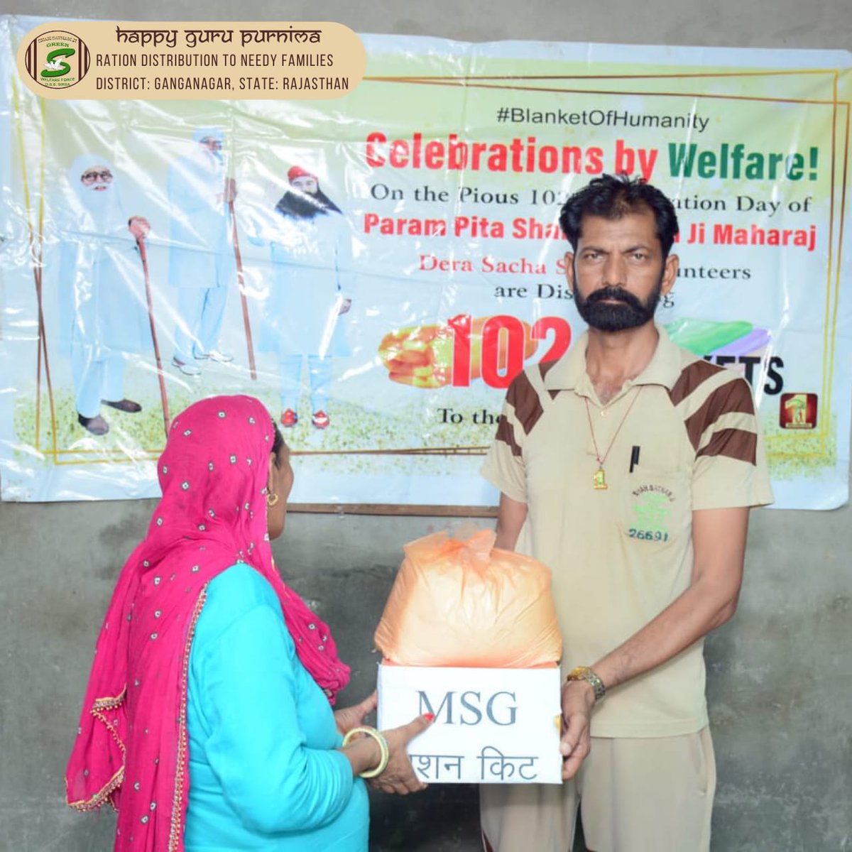GreenSwelfares's tweet photo. DERA SACHA SAUDA VOLUNTEERS | SRI GANGANAGAR | RAJASTHAN(INDIA)
On the pious occasion of #GuruPurnima, Dera Sacha Sauda volunteers kept fast for one day &amp; distributed ration kits to needy families.
#Foodbank #HappyGuruPurnima #happygurupurnima2021 #gurupoornima #GuruPoornima2021 https://t.co/P3dqZ7LTOB