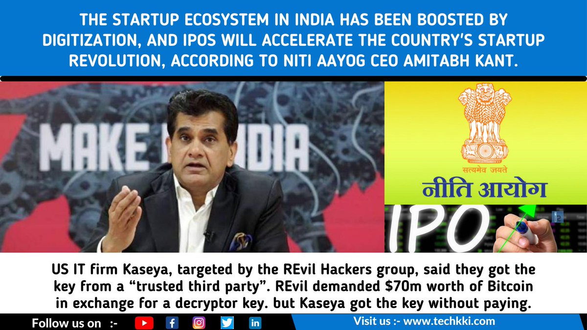 techkki's tweet image. The startup ecosystem in India has been boosted by digitization, and IPOs will accelerate the country&apos;s startup revolution, according to Niti Aayog CEO Amitabh Kant.
#startupidea #startupindia #nitiaayog #amitabhkant #ipo #india #financenews #financeminister #digitization #market