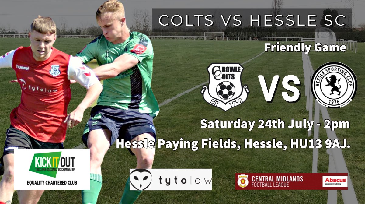 CrowleColtsFC's tweet photo. Match Day:

⚽️ @HessleSC Vs Colts
🗓 Saturday 24th July, 2pm KO
🏆 Friendly game
📍 Hessle Paying Fields, Hessle, HU13 9AJ.

#wearecrowle https://t.co/dmnC33hJaB