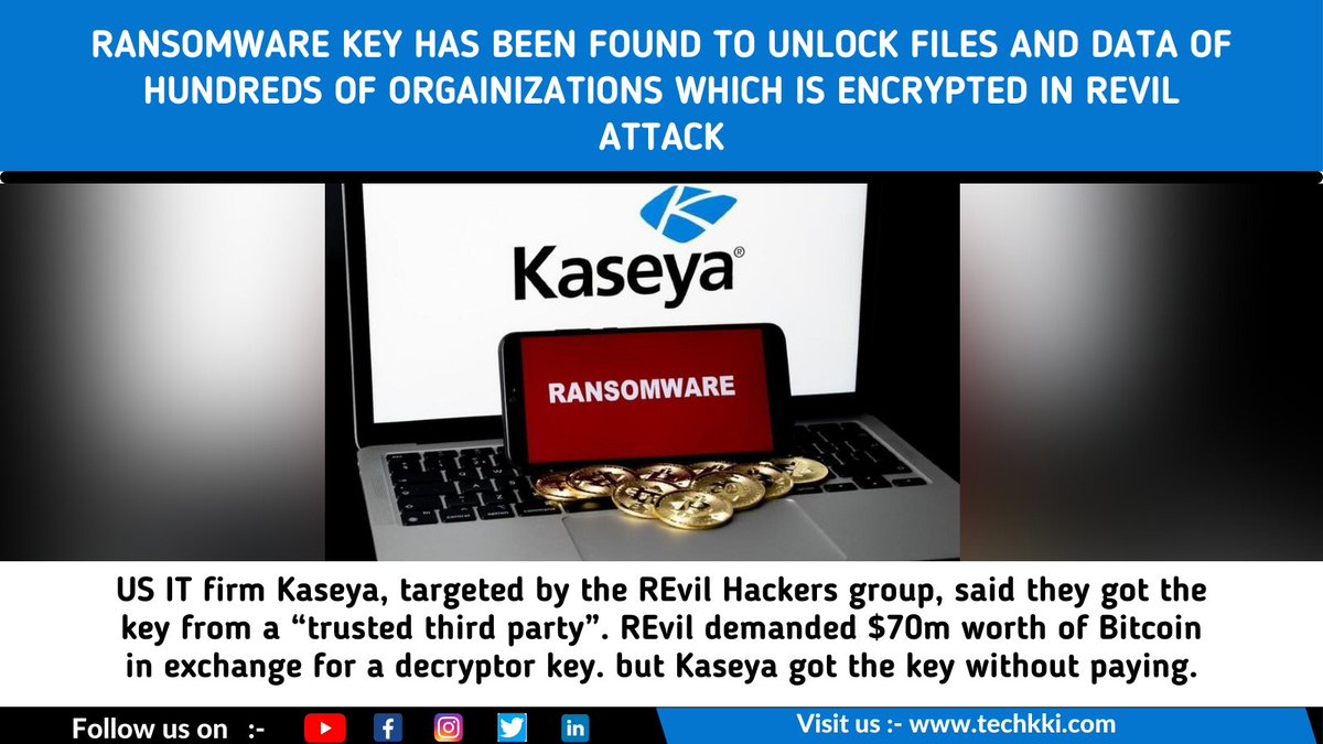 techkki's tweet image. Ransomware key has been found to unlock files and data of hundreds of organizations which is encrypted in REvil attack #Ransomware #ransomwareattacks #RansomEXX #REvil #kaseyavsa #hacker #HackerNews #CyberSecurity #cybersecuritynews