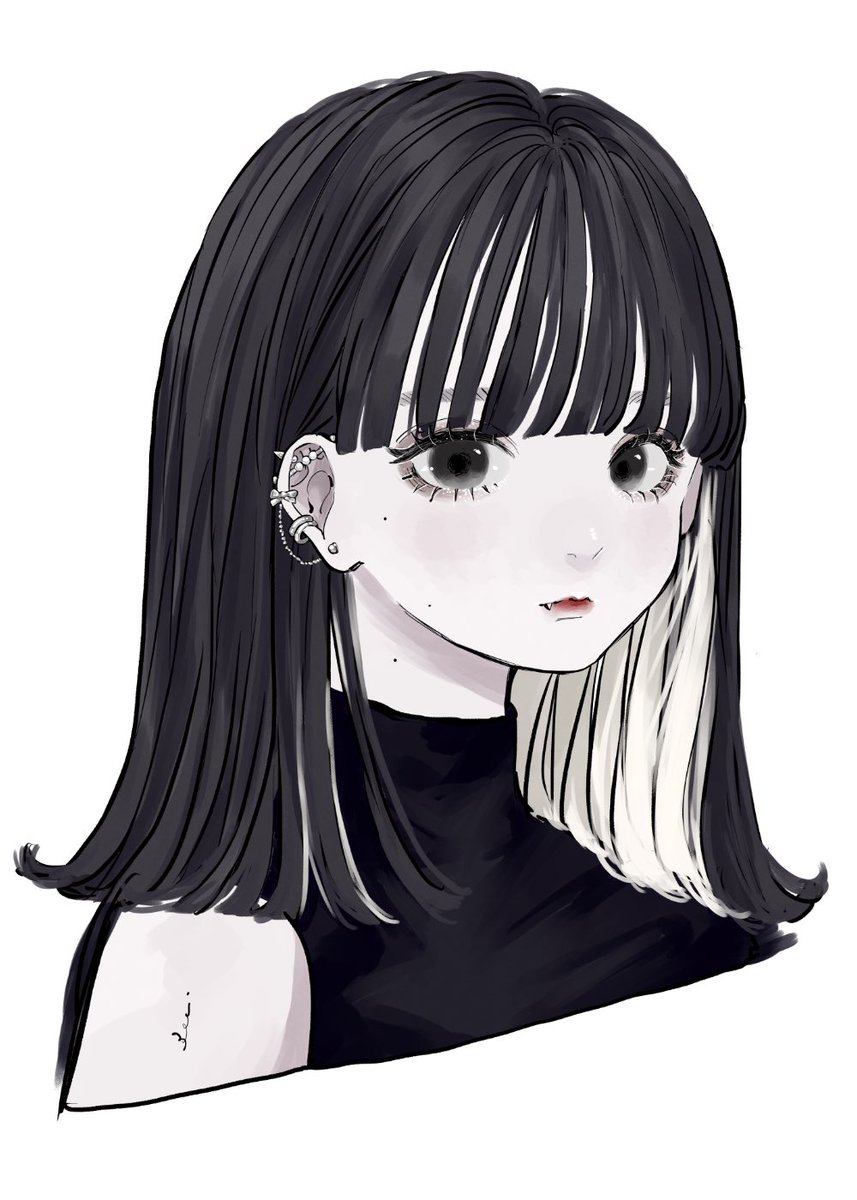 1girl solo piercing black hair white background ear piercing simple background  illustration images