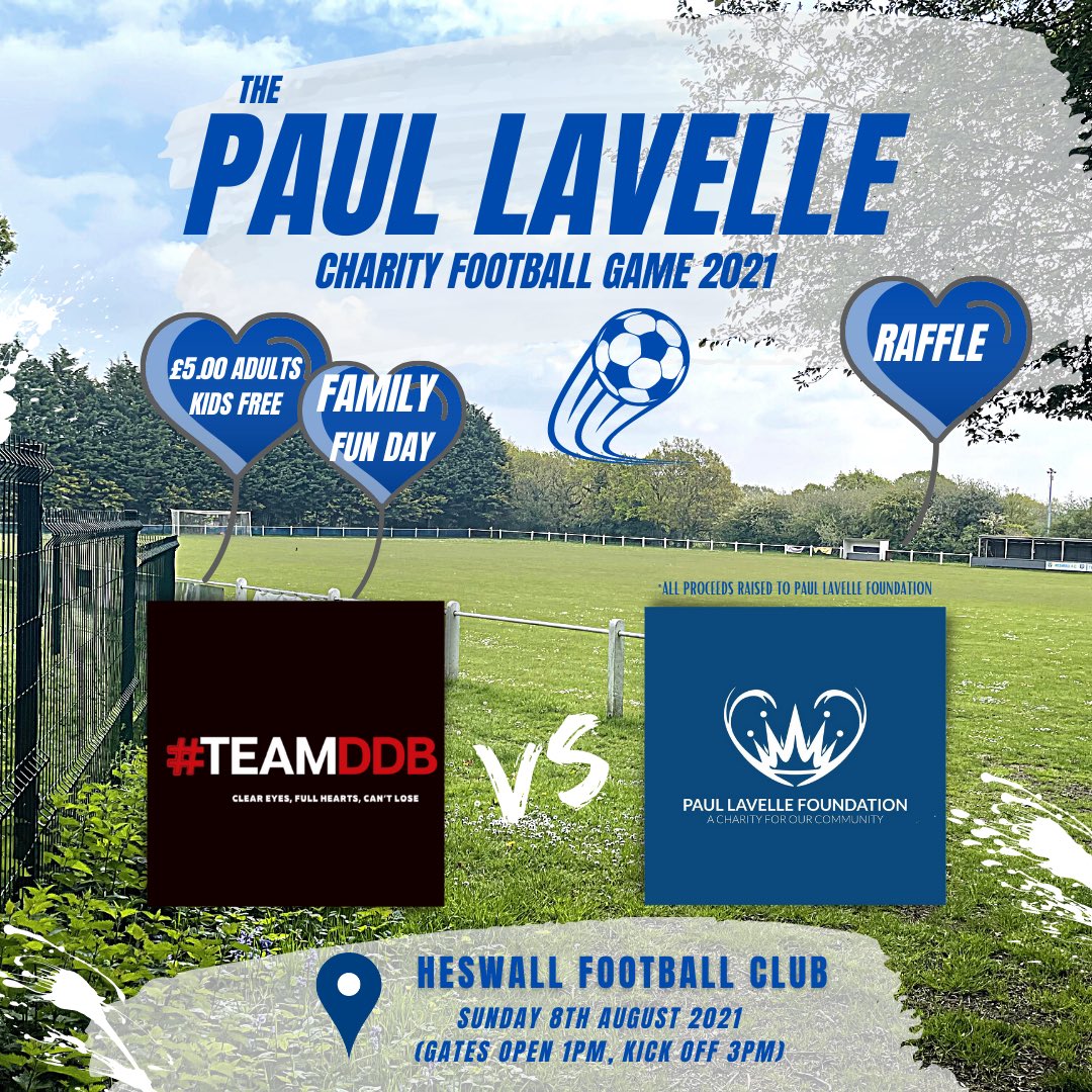 TeamDDB1's tweet photo. Just over 2 weeks to first ever Paul Lavelle Charity Football Game &amp; Family Fun Day. 

#TeamDDB vs. @paullavellefoun

Please come along to Heswall Football Club on Sunday 8th August, and support a great local charity in Paul Lavelle Foundation

👉 Just £5.00 Adults, Kids Free 💙 https://t.co/fYvtrpaeSv
