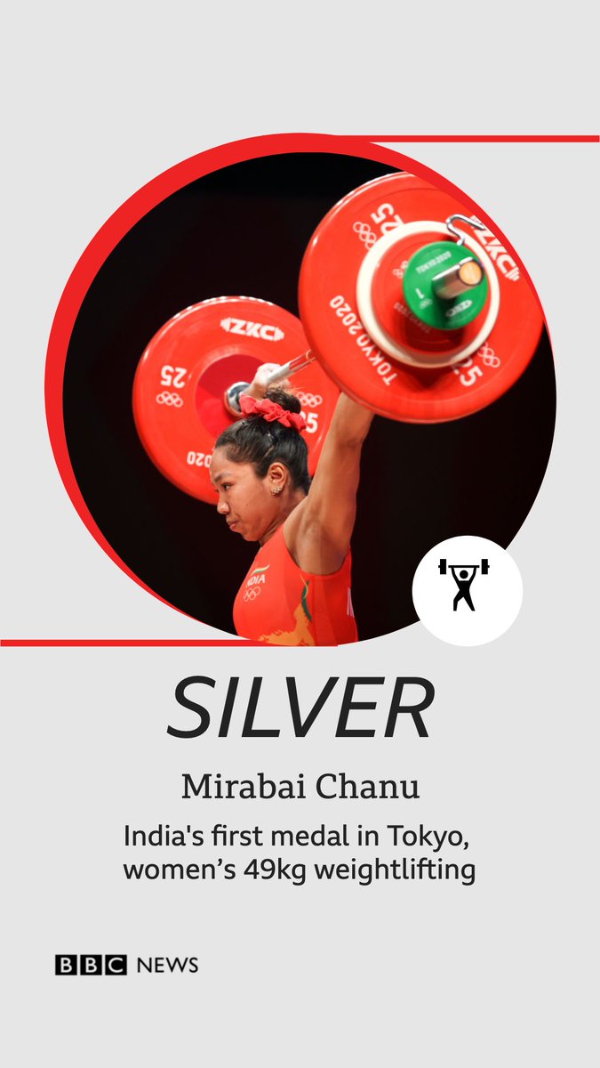 BBCIndia's tweet photo. Mirabai Chanu has won India’s first medal at #Tokyo2020  with a silver in the women’s 49kg weightlifting. 

#TokyoOlympics 

More here: https://t.co/ASyvgmMVye https://t.co/Oj6CDxt4ac