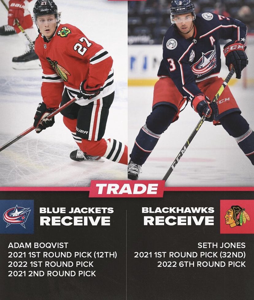 sandropacheco71's tweet photo. The #ColumbusBlueJackets traded #SethJones the 2021 32nd #OverallPick and a 2022 6th round pick to the #ChicagoBlackhawks in exchange for #AdamBoqvist, the 2021 12th #OverallPick, 2022 1st round pick and a 2021 2nd round pick. #MakingHistory #CBJ #Blackhawks https://t.co/4rhEwHzQSG