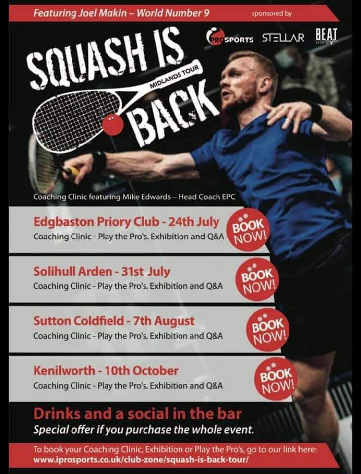 James Roberts (@jimbob1965) on Twitter photo Really looking forward to this later today @EPC_Squash <a href="/EdgbastonPriory/">Edgbaston Priory</a>. Coaching with top players <a href="/JoelMakin/">Joel Makin</a> and George Parker with chance to play these guys plus exhibition match. Further dates to follow <a href="/SOLIHULLARDEN/">SOLIHULL ARDEN CLUB</a> <a href="/SuttonSquash/">Sutton Coldfield Squash Club</a> and <a href="/squash_ken/">Kenilworth Squash UK</a> #SquashIsBack Really looking forward to this later today @EPC_Squash <a href="/EdgbastonPriory/">Edgbaston Priory</a>. Coaching with top players <a href="/JoelMakin/">Joel Makin</a> and George Parker with chance to play these guys plus exhibition match. Further dates to follow <a href="/SOLIHULLARDEN/">SOLIHULL ARDEN CLUB</a> <a href="/SuttonSquash/">Sutton Coldfield Squash Club</a> and <a href="/squash_ken/">Kenilworth Squash UK</a> #SquashIsBack