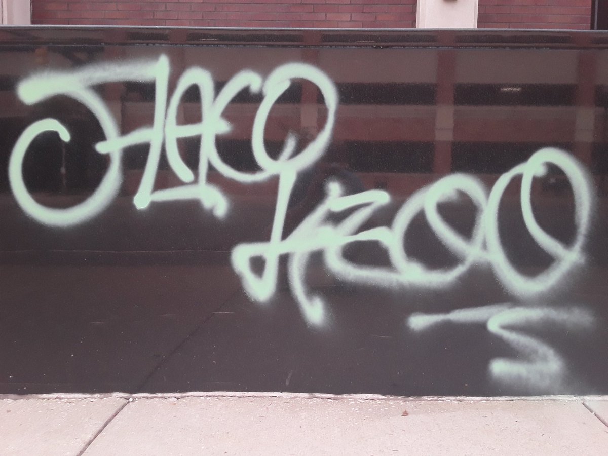 DowntownKazoo's tweet photo. A traffic signal pole, traffic signal control box, southwest corner of Arcadia parking ramp, black marble wall at #RadissonKzoo, and bus stop shelter along Rose St. were #graffiti tagged "#4 Flaco" overnight. @KalPublicSafety @pattimowens @Andrew_Haan https://t.co/HvQAJIjPSW