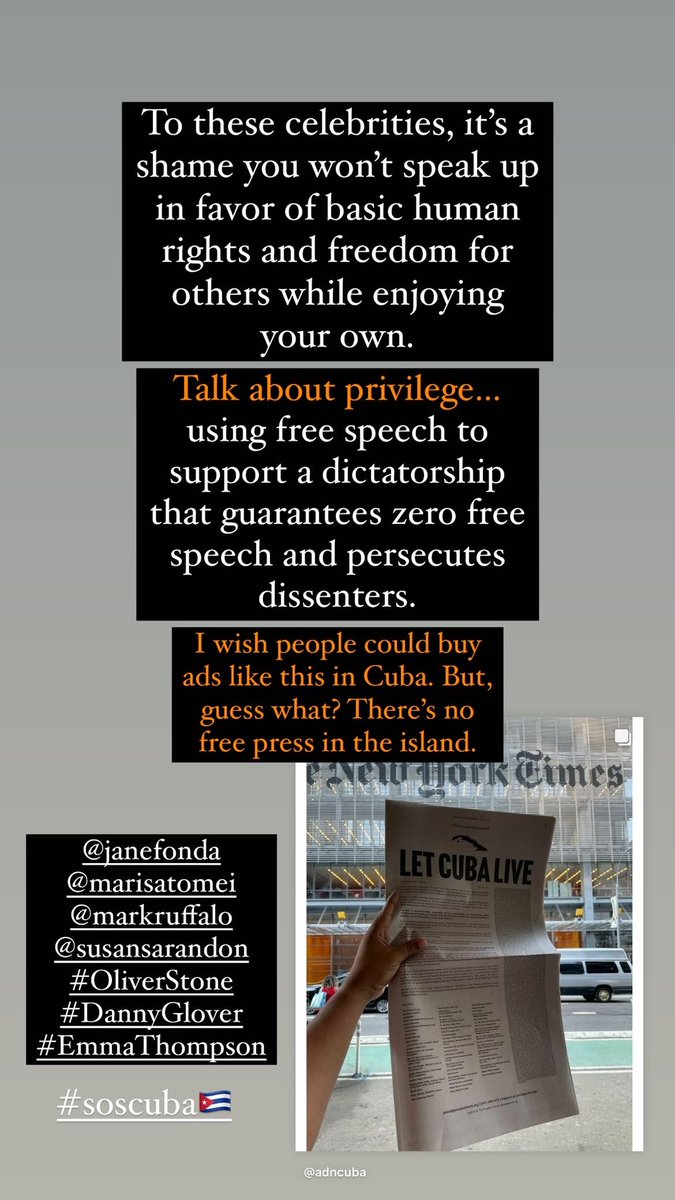 The Cuban people deserve basic #humanrights, #democracy and zero persecution from the dictatorship! You are part of the problem!!! And you have been used for #communistpropaganda
<a href="/MarkRuffalo/">Mark Ruffalo</a> <a href="/marisatomei/">Marisa Tomei</a> <a href="/SusanSarandon/">Susan Sarandon</a> <a href="/Janefonda/">Jane Seymour Fonda</a> #EmmaThompson #DannyGlover #OliverStone