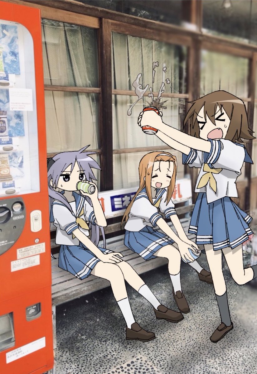 hiiragi kagami vending machine multiple girls 3girls school uniform ryouou school uniform serafuku > <  illustration images