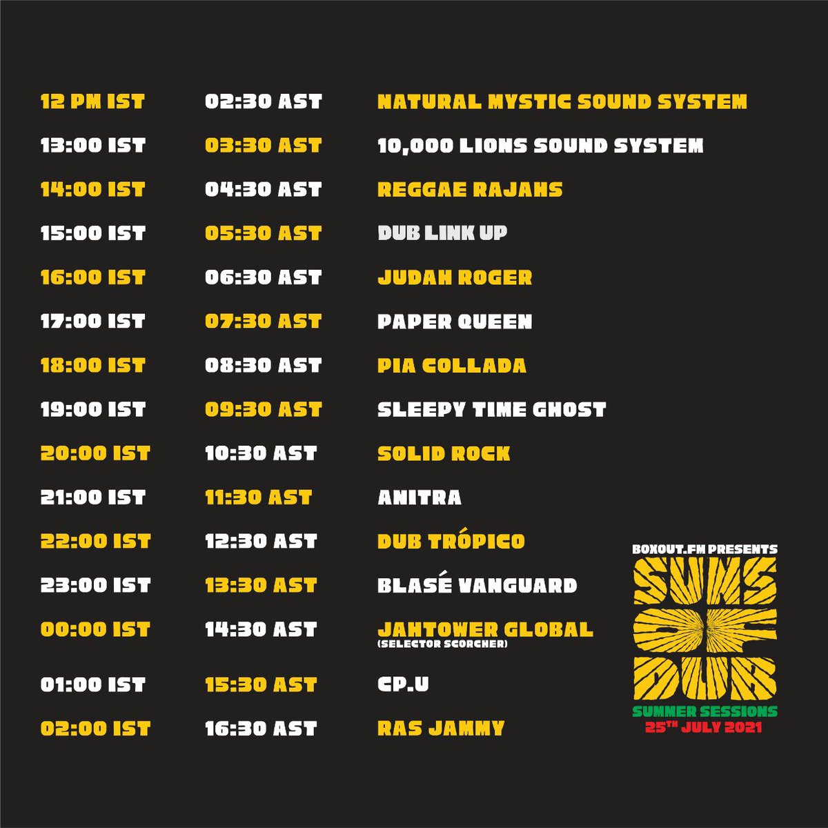 .<a href="/SunsofDub/">Suns of Dub</a> Summer Sessions this Sunday 25th July, 2021.

Tune in: 12pm 🇮🇳 2:30am 🇹🇹
 
#onair #sunsofdub #boxoutfm