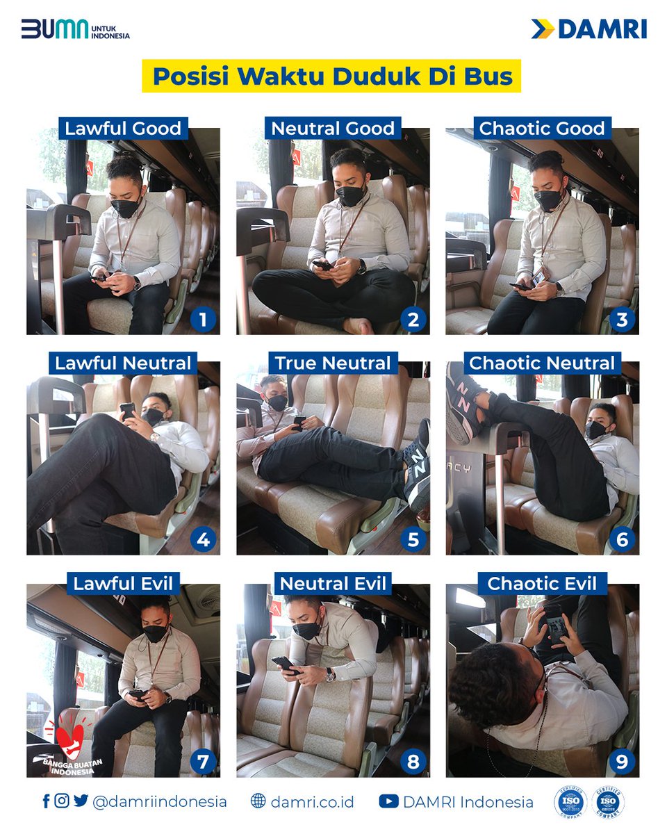 DamriIndonesia's tweet photo. Choose your character 👀

Minda sih sebagai penumpang yang baik dan benar pastinya karakter no.1 dong hihihi 🤭 Kalau #SobatDAMRI yang mana nih? Komen yuk! 

Tag temen kamu yang suka gak bisa diam kalau di bus!😏🤫

#meme #BusDAMRI #NaikDAMRIAja #AyoNaikDAMRI #TakesYouEverywhere https://t.co/WHD35MIXNd