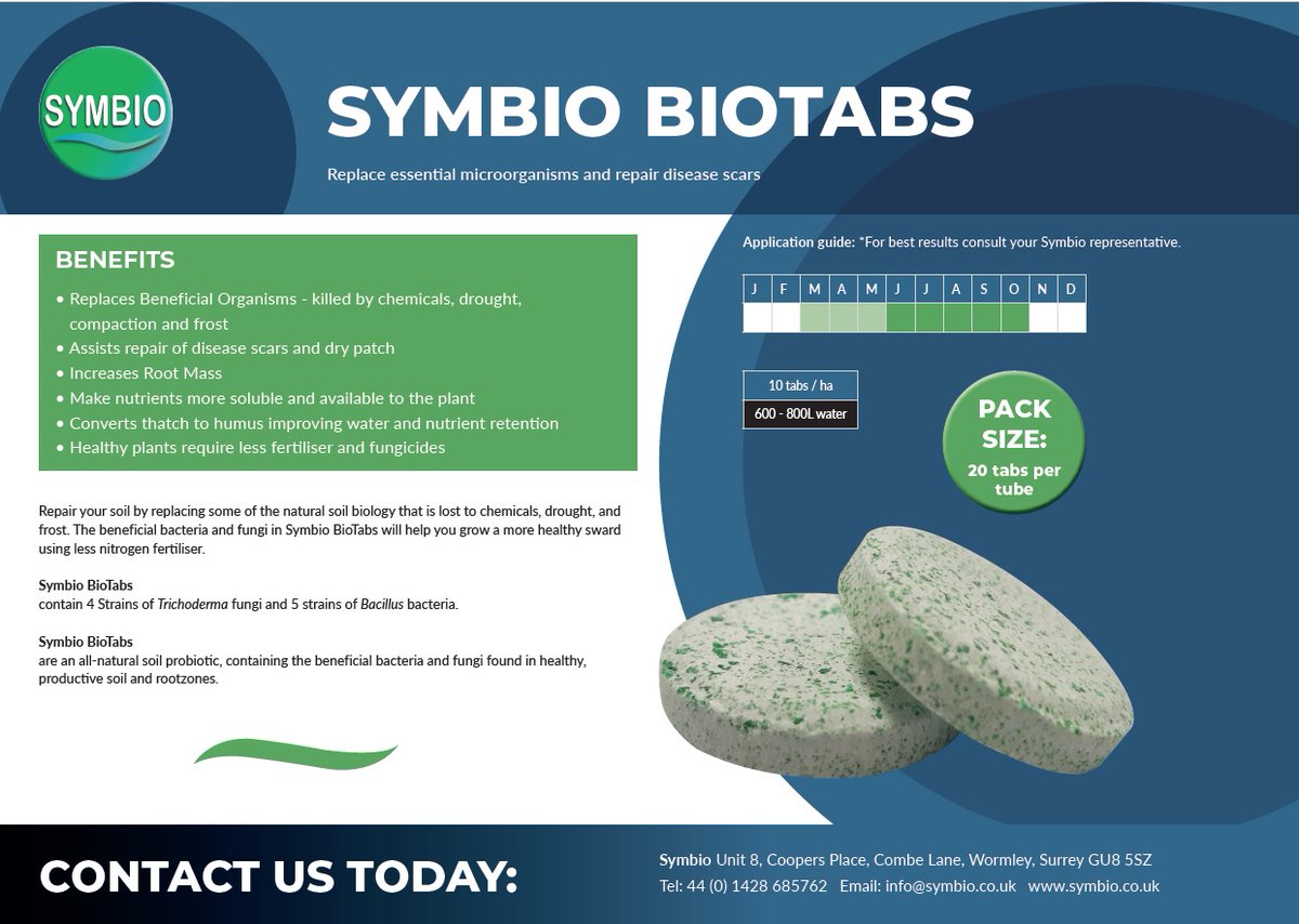 SymbioUK's tweet photo. .@SymbioUK #BioTabs
Repair your soil by replacing beneficial microorganisms
Assists in the repair of turf damage
Convert thatch to humus
Contact your local rep for further information or to place an order https://t.co/YqG3un2Wo9