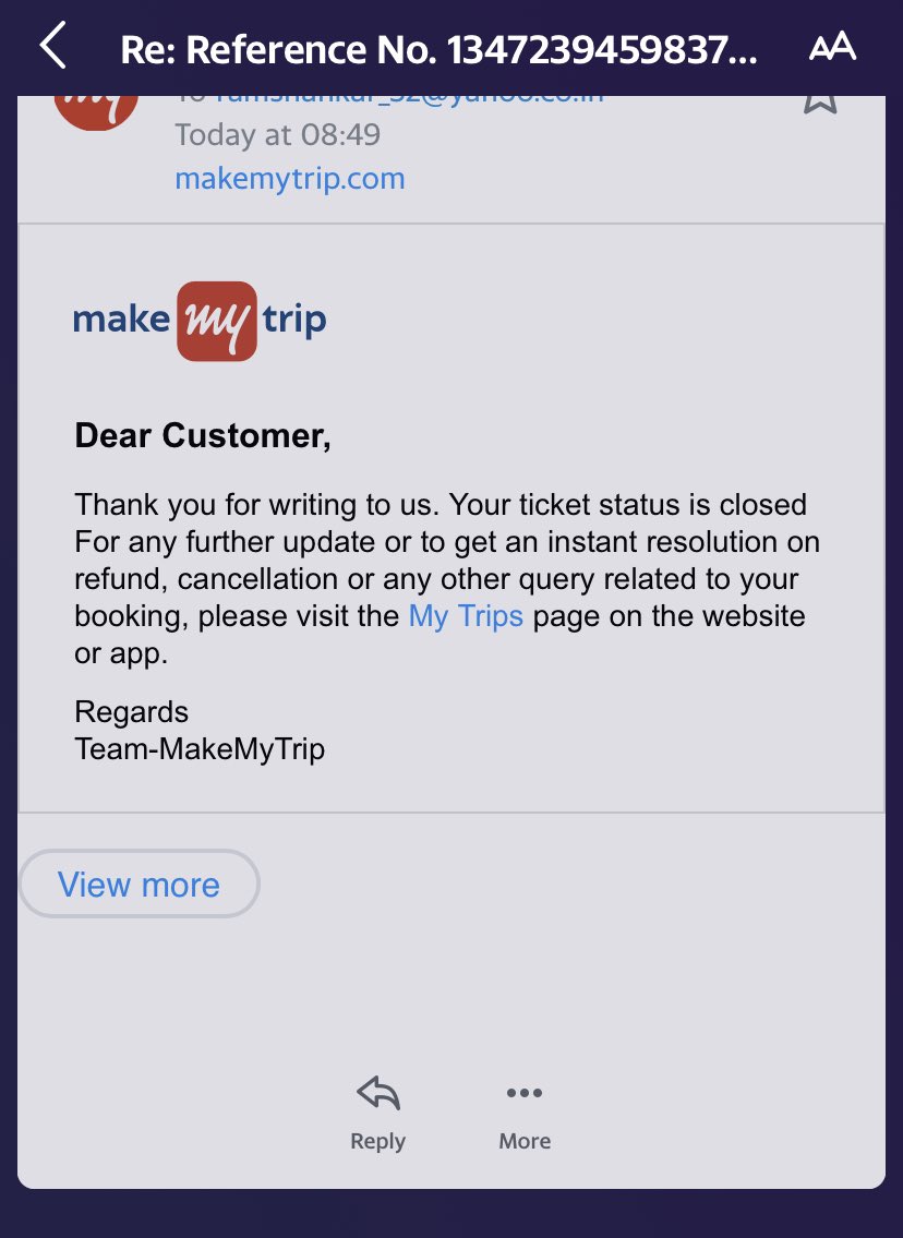 diyinfosec's tweet photo. @makemytripcare @makemytripcare your agent is asking me to wait another 10 days. All I am asking is on WHAT DATE have you initiated my bank transfer. It hardly takes a day or two from then and not 7-10 days. I tried asking again and this is the reply I got (attached). Can you answer clearly pls https://t.co/WEQaNdeN1W