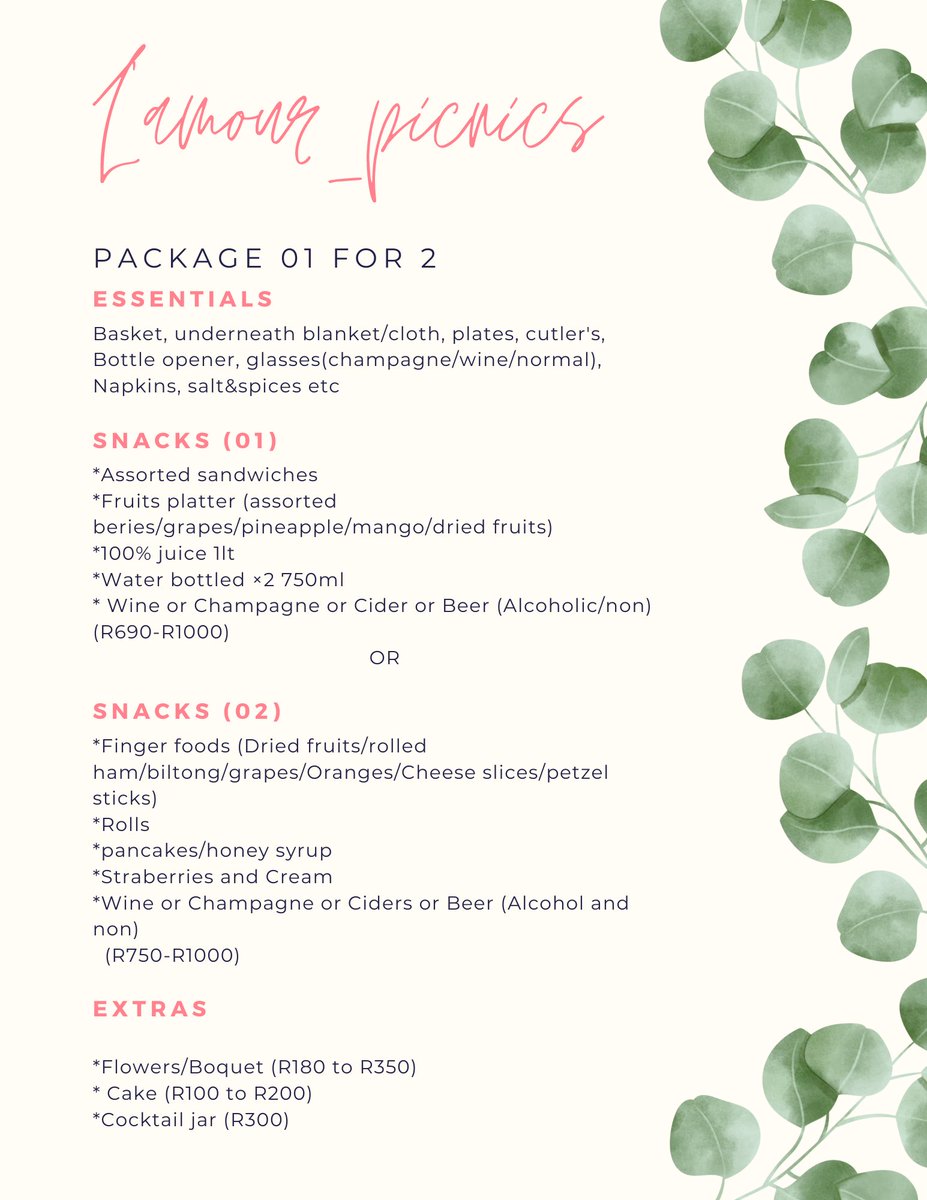 <a href="/djsbu/">djsbu</a> Ladies and gentlemen, I present to you picnic packages. We package every picnic utensils and snacks in a Basket and we deliver it to you and you could have the best picnic o your life.

Check out the menu and prices below
We deliver anywhere around Gauteng and I'm a DM away#DJSBU