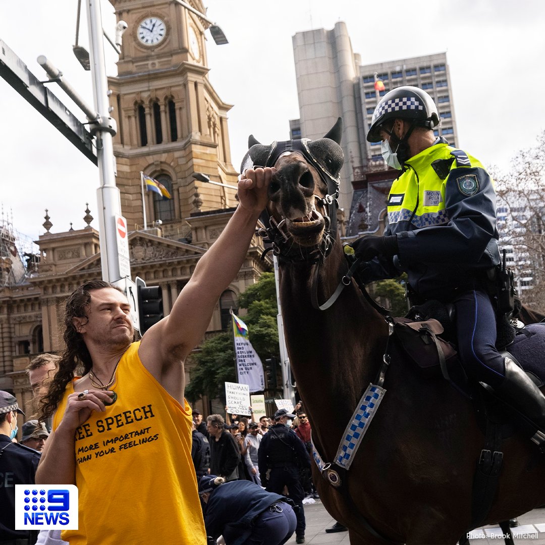 9NewsSyd's tweet photo. Police have launched a new strike force to identify "as many people as possible" who breached public health orders during an anti-lockdown protest in Sydney today.

57 people have already been charged and more than 90 infringement notices issued. #9News https://t.co/uO55d7ugSv https://t.co/gsCiwm2MkX