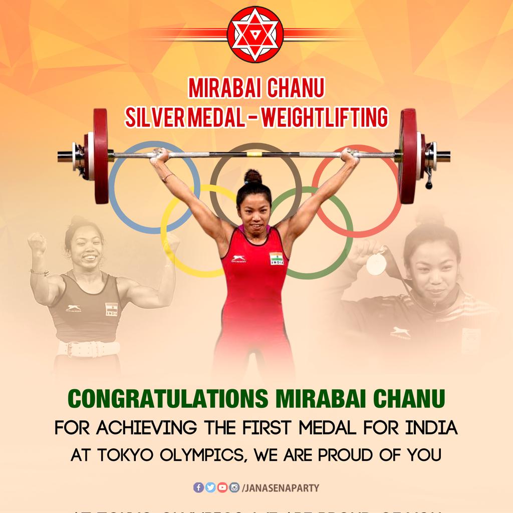 JanaSenaParty's tweet photo. Congratulations #MirabaiChanu for achieving the first medal for India at Tokyo Olympics, we are proud of you!

#Tokyo2020 #Olympics https://t.co/5lVpyqC2Yl