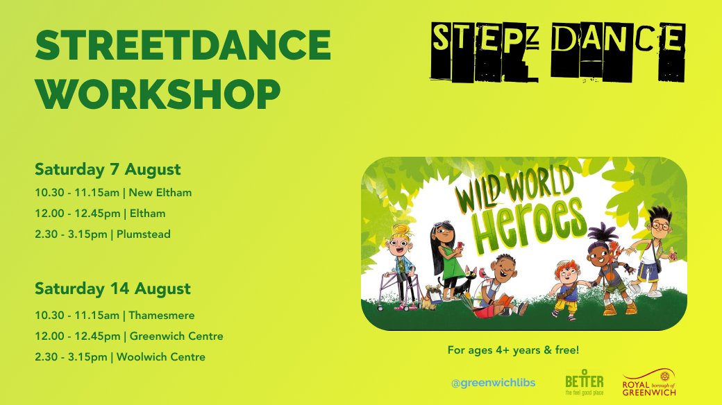 GreenwichLibs's tweet photo. Dance, dance, dance 💃🕺! Join @STEPZDANCEuk in their #BetterSummer #WildWorldHeroes amazing Street Dance routine for the #SummerReadingChallenge2021! At #WoolwichLibrary on Sat 14th Aug 2:30pm; at other #libraries check👇. @Royal_Greenwich @readingagency @Better_UK @ace_national https://t.co/PXGKyzXCje