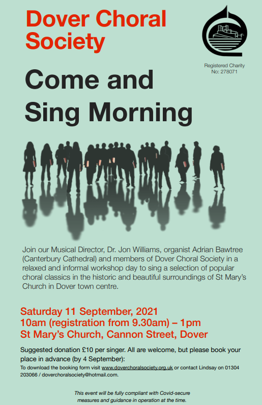 Come and join us for a Come and Sing Morning on 11th September 2021, our first in-person event for a long time!
All singers of any standard are welcome to join us for an informal workshop day to sing a selection of popular choral classics in historic and beautiful surroundings.