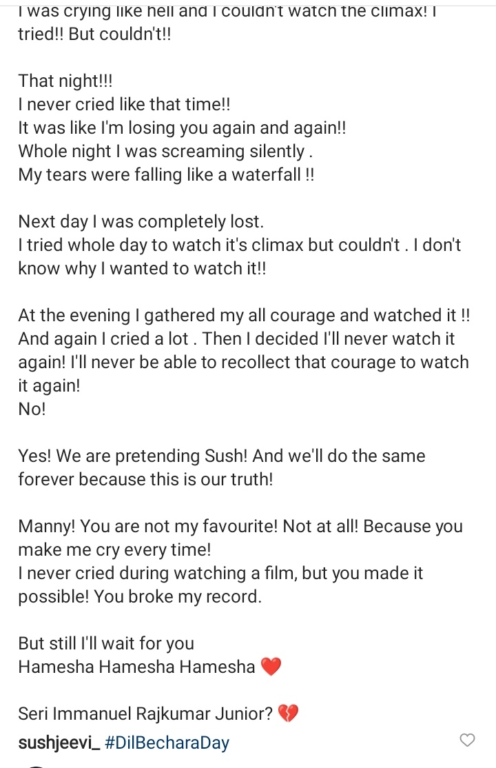 BeTheRare's tweet photo. These dailogues .....
This climax.......
And Sush you 💔
#DilBecharaDay 

SSR As Manny Won World
And 
SSR As Manny broke us 💔 https://t.co/A9L5MEDZn8