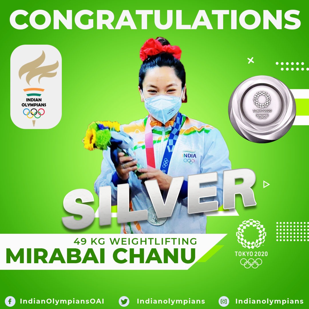 IndianOlympians's tweet photo. What an epic performance by  @mirabai_chanu to give india the first silver at @Tokyo2020 !
🇮🇳🇮🇳🇮🇳 https://t.co/VK7vPa0Mkw