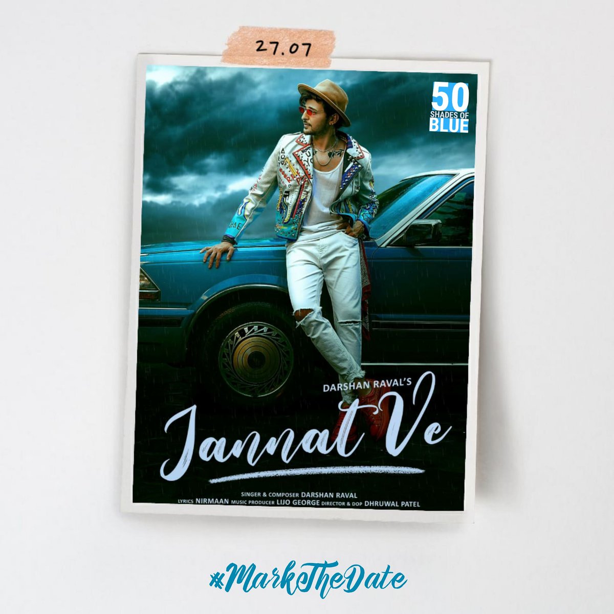 BeeForBlue's tweet photo. The colour of love rains a deep shade of 🇧 🇱 🇺 🇪  this year.

If you had one word to describe this poster, it would be....?

#JannatVeByDarshanRaval out July 27. 

#thecountdownbegins #JannatVe #darshanraval #RainingSoon #darshaners #bluefamily #beeforblue #50shadesofblue https://t.co/K5S8EsgBUH