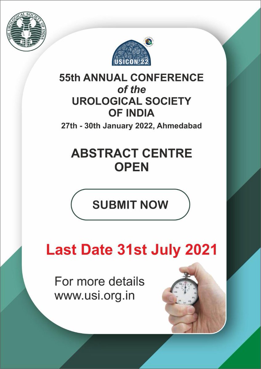 USICON 2022 @Ahmedabad. Submit your abstracts now! Last date for submission is July 31st.@Uroweb @AmerUrological @SIU_urology @Endo_Society @BAUSurology @CAU_URO @SocietySURS @IauaSociety @arab_asu @YouthUSI @young_endosoc @eau_yuo @SUSTurkey @ESRUrology @lkeshav1965 @mallikuro7