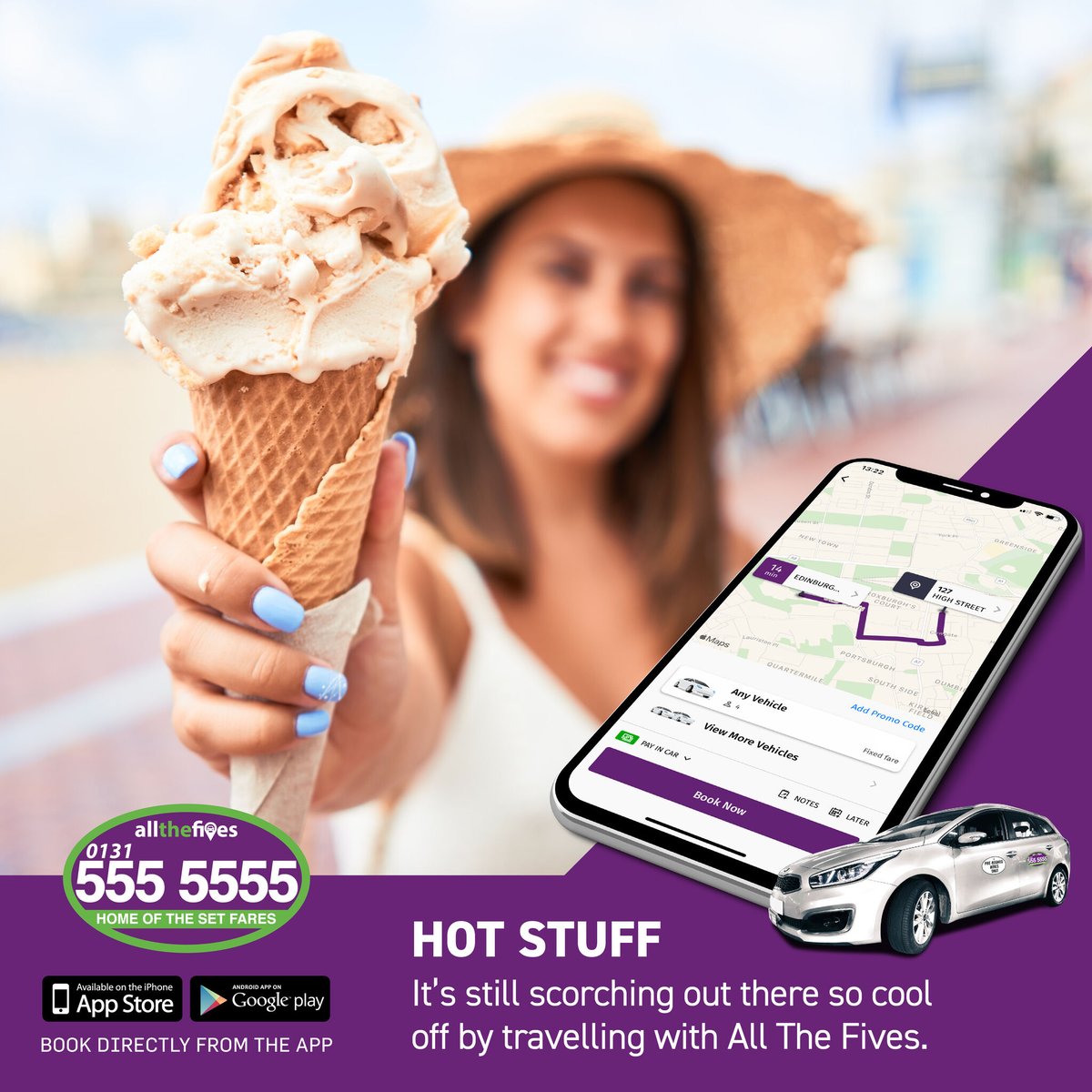 EdiPrivateHire's tweet photo. HOT STUFF☀️🍦
Temperatures are still soaring as summer hots up so the last thing you want to be doing is working up too much of a sweat. If you’re heading out then cool off by travelling with All The Fives ⤵️
📲→ Use the App https://t.co/kngLRwRdcK
☎️ → 0131 555 5555
#edinburgh https://t.co/rUPvnRp6jC