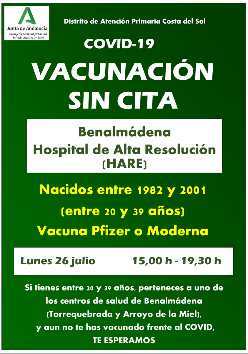 DSAPCostadelSol's tweet photo. Vacunación #COVID19 sin cita en Benalmádena: Hoy para quienes tengan 40 años o más y el lunes para quienes estén entre los 20 y los 39. No tienes excusa, ven y vacúnate. https://t.co/8C7brrateW