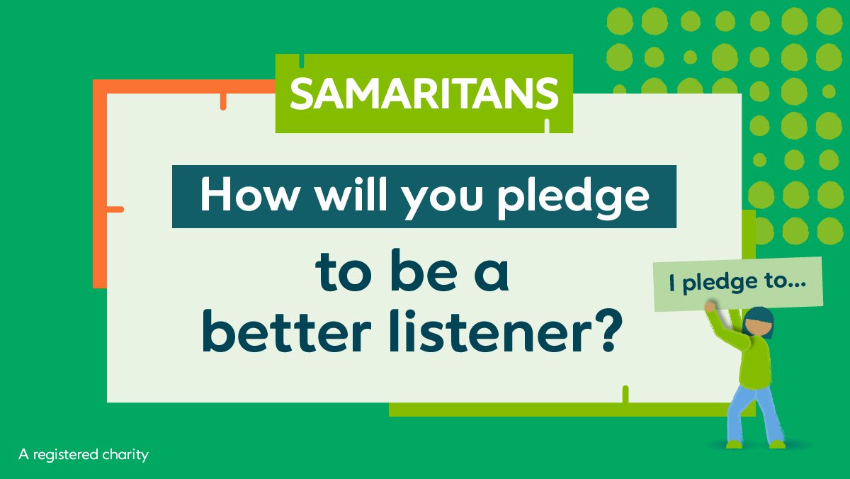 samaritans's tweet photo. Today is the day we raise awareness that you can talk to us 24/7. No matter what, #WeListen 💚  

This year we’re asking you to pledge to be a better listener. We’re pledging to always be there to listen. How about you? https://t.co/E1aOq6t4Vm