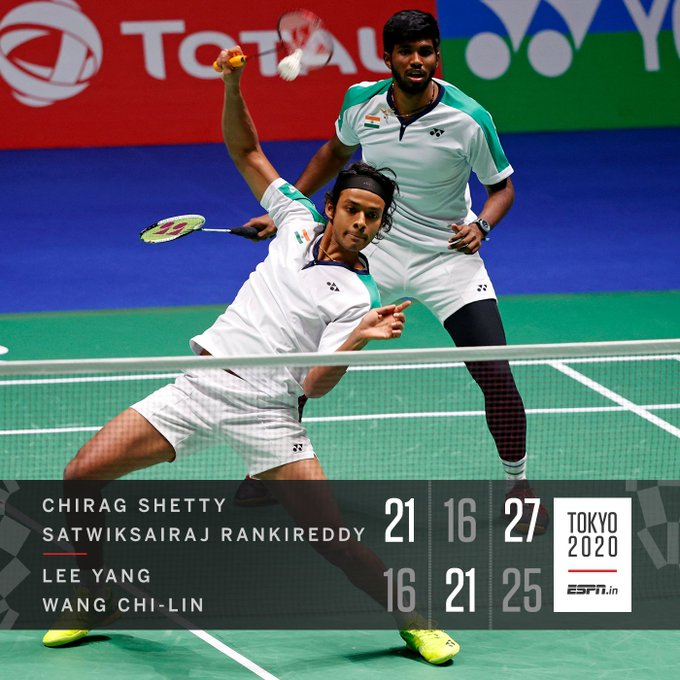 Badminton Men's Doubles Group match, Chirag Shetty &amp; Satwik Sairaj Rankireddy defeated World No. 3 pair Lee Yang &amp; Wang Chi. This is Lee and Wang's first loss this year. Their record in 2021 was 15-0 and they had won each of the three tournaments they took part in this year.
