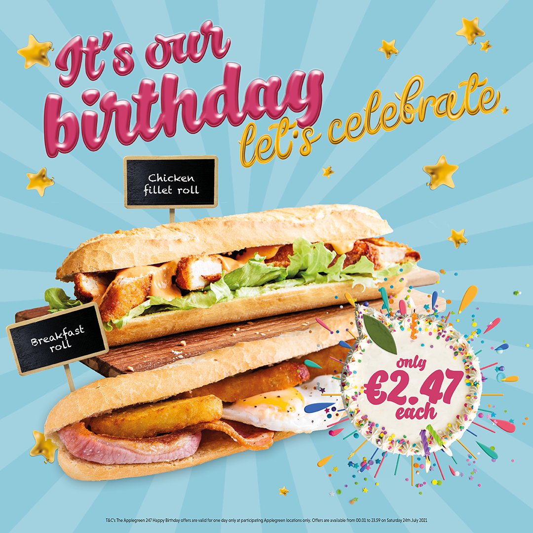 goapplegreen's tweet photo. It’s our Birthday and we are celebrating by giving you AMAZING deals!🙌
Here's a taster of what's in-store;
✨100% Irish Chicken Fillet Roll-€2.47 
✨Car Wash–€2.47
✨Ice Creams–24c each
Plus, LOADS more offers for today only so get them before they’re gone! 🎉#Applegreen247 https://t.co/OV5keVMVXs