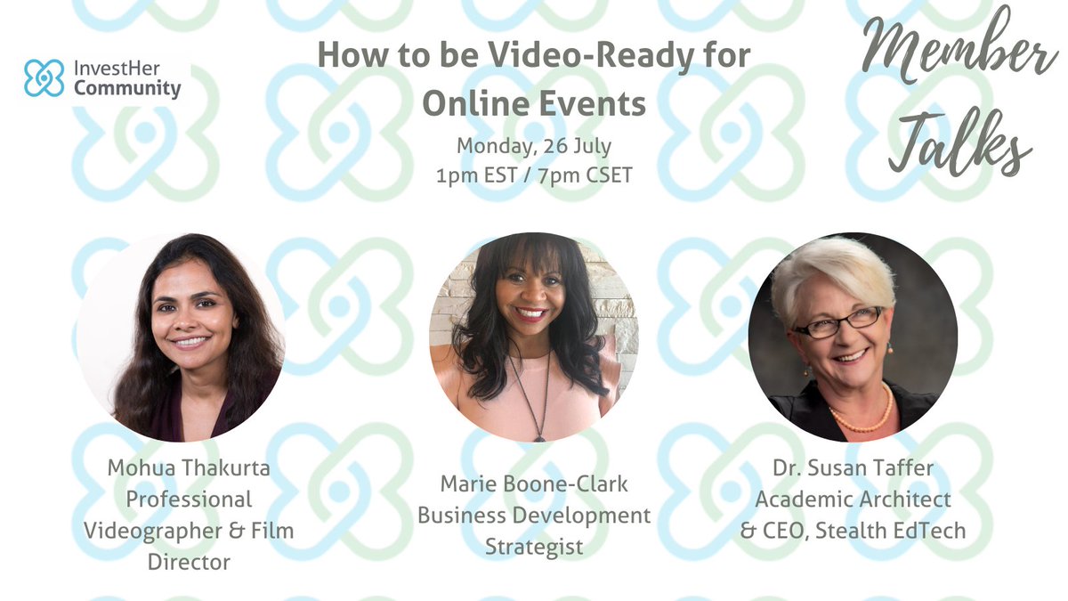 anneravanona's tweet image. Looking for better ways to present yourself during your #virtualevents? Sign up for our upcoming public edition of #MemberTalks to learn from guests Mohua Thakurta, Marie Boone-Clark, &amp;amp; Susan Taffer how to build aesthetic intelligence. @globalinvesther &amp;gt; bit.ly/SpecialMemberT…