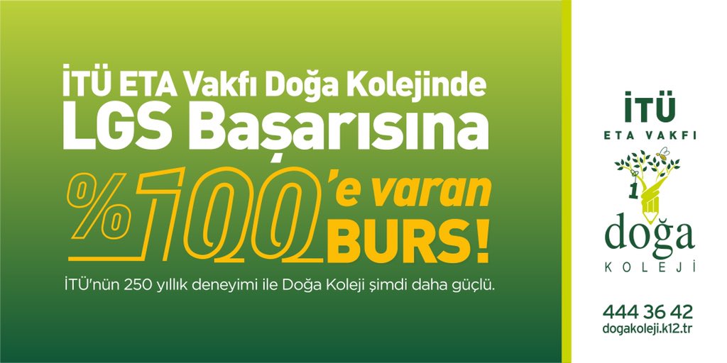 İTÜ’nün 250 yıllık deneyimi ile Doğa Koleji şimdi daha güçlü.
LGS Başarısına %100’e Varan Burs İmkânı!
Bilgi ve başvuru için👇
dogakoleji.k12.tr/basvurular/lgs