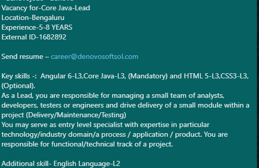 denovosoftsol's tweet photo. #denovojobs #denovo
Vacancy for-Core Java-Lead
Location-Bengaluru
Experience-5-8 YEARS
External ID-1682892
Send resume β career@denovosoftsol.com
#angular6 #angular #java #corejava #HTML #css #dataanalyst #developer #testengineer #javascript #softwarejobs #softwaredeveloper https://t.co/xAbpRdmT4p