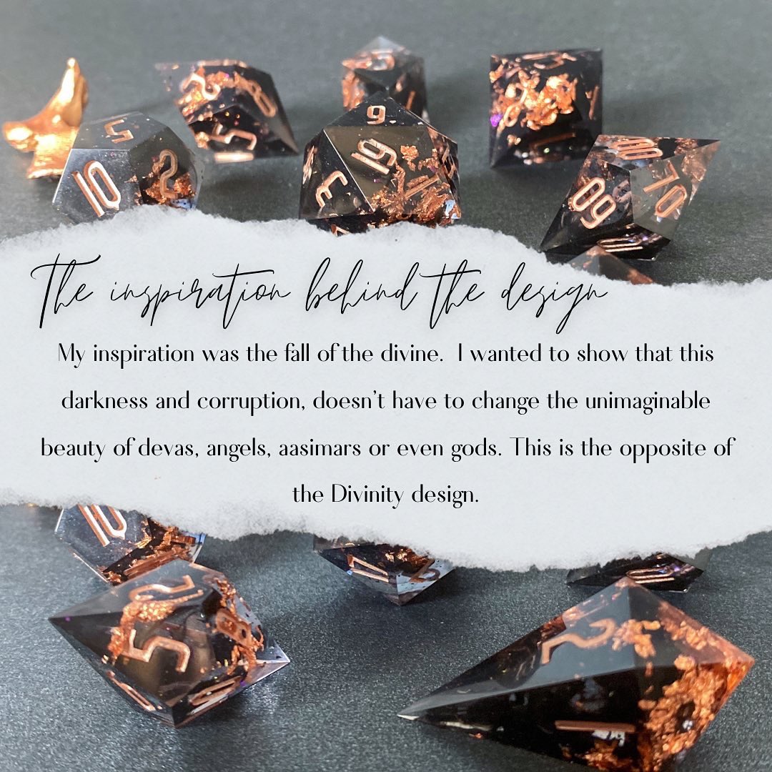 RoaringDice's tweet photo. 𝑭𝒂𝒍𝒍 𝒇𝒓𝒐𝒎 𝑮𝒓𝒂𝒄𝒆
A #diceset for all the fallen celestials, aasimars and other corrupted souls. 

#dice #diceart #dungeonsanddragons #DnD #dndart #dicemaker #SelfPromotionSaturday https://t.co/29rEF0EHv3