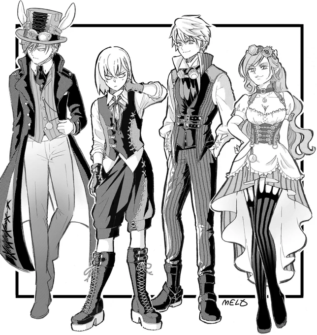 【創作】
レブロ、ロイ、ニコル、ミラ(左から)

『スチームパンクの服の4人』とお題を頂きました!
ありがとうございます!✨

スチームパンクってこうゆう感じで良いのかな…?難しいですね!🧐💦
1人ずつの絵はリプへ繋げています💡

# うちの子に似合いそうな服をフォロワーさんが教えてくれる 