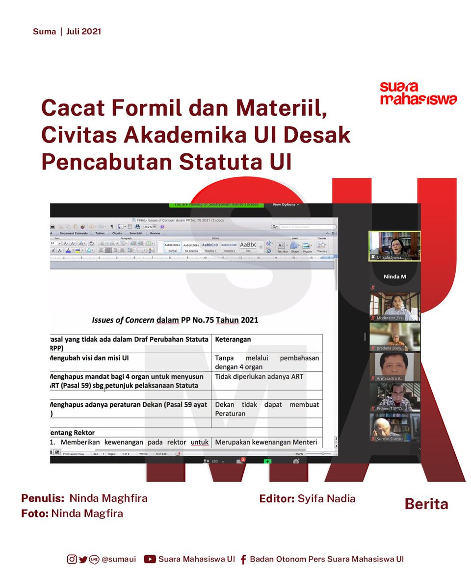 SumaUI's tweet photo. [BERITA] 

Cacat Formil dan Materiil, Civitas Akademika UI Desak Pencabutan Statuta UI 

Selengkapnya dapat Sumates baca pada https://t.co/0y4LHCI91T 

#Suma_HardNews #UniversitasIndonesia #StatutaUI #RektorUI https://t.co/WXNXGqm6xl