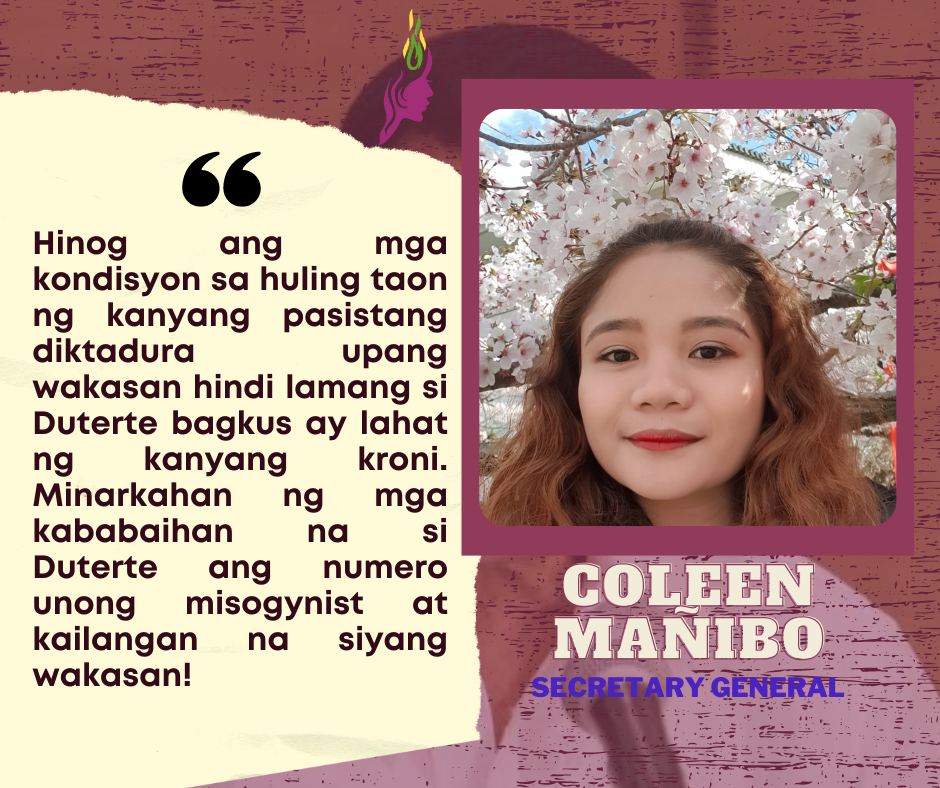 st_wandph's tweet photo. BASAHIN: Pahayag ni Coleen Mañibo, Secretary General ng ST WAND sa naganap na STATE OF THE WOMEN'S ADDRESS kanina, July 24.

"Hinog ang mga kondisyon sa huling taon ng kanyang pasistang diktadura upang wakasan hindi lamang si Duterte bagkus ay lahat ng kanyang kroni. https://t.co/ZQ85OQpi1e