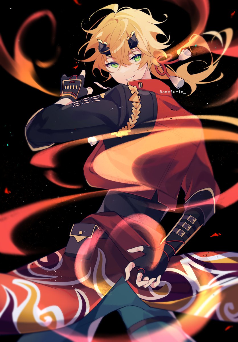 thoma (genshin impact) 1boy male focus blonde hair solo gloves horns green eyes  illustration images