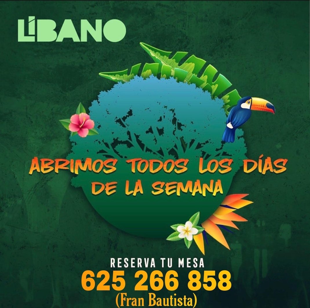 ¡¡ ESTAMOS ABIERTOS !!
Recuerda te veo cada día en #TerrazaLibano .
🍾 Reserva tu mesa 📲 625 266 858