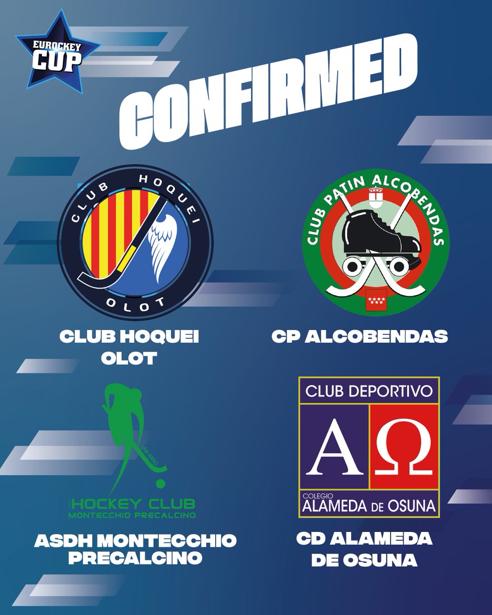 7th round of confirmations! 👀

🇪🇸 <a href="/hoqueiolot/">Club Hoquei Olot</a> 
🇪🇸 <a href="/ClubPAlcobendas/">Club Patín Alcobendas</a>
🇮🇹 ASDH Montecchio Precalcino
🇪🇸 <a href="/CDAlamedaOsuna/">Club Alameda Osuna</a>

#BeTheNext #EurockeyCup21