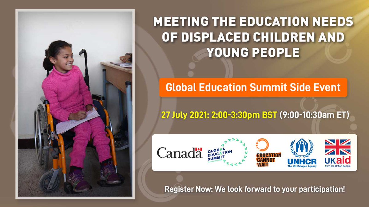 Meeting Education Needs of Displaced Children &amp; Young People - 27 July 2:00-3:30pm BST (9:00-10:30am ET)

Register: bit.ly/3xHaZTS

With <a href="/GordonBrown/">Gordon Brown</a> @Morton_Wendy @KarinaGould <a href="/YasmineSherif1/">Yasmine Sherif</a> <a href="/RaoufMazou/">Raouf Mazou</a> @TaniOuaro <a href="/Shafqat_Mahmood/">Shafqat Mahmood</a> <a href="/DMiliband/">David Miliband</a> <a href="/JenniferSklar4/">Jennifer Sklar</a> <a href="/Dev_Meeja/">Dr Becky Telford</a>