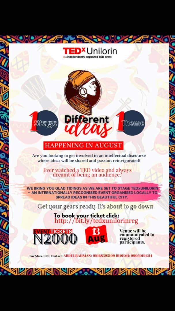 bidemi_subtle's tweet photo. I'll be attending @TEDxUnilorin #ROOT2021 event coming up on Friday, 13th August, 2021. I hope you would be there too! Tickets going for ₦2,000. Get yours on https://t.co/cCPcPErVXN https://t.co/oPmcyr9jqd