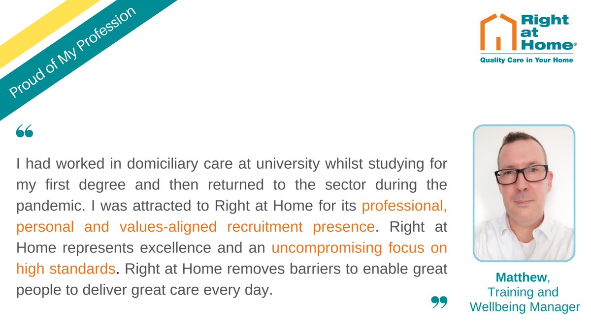 Matthew joined Right at Home during the pandemic, having previously worked for a well-known airline. He knew Right at Home would be the perfect fit for him, after seeing the high standard of care we provide on our social media pages. 
#ProudOfMyProfession #CareersInCare