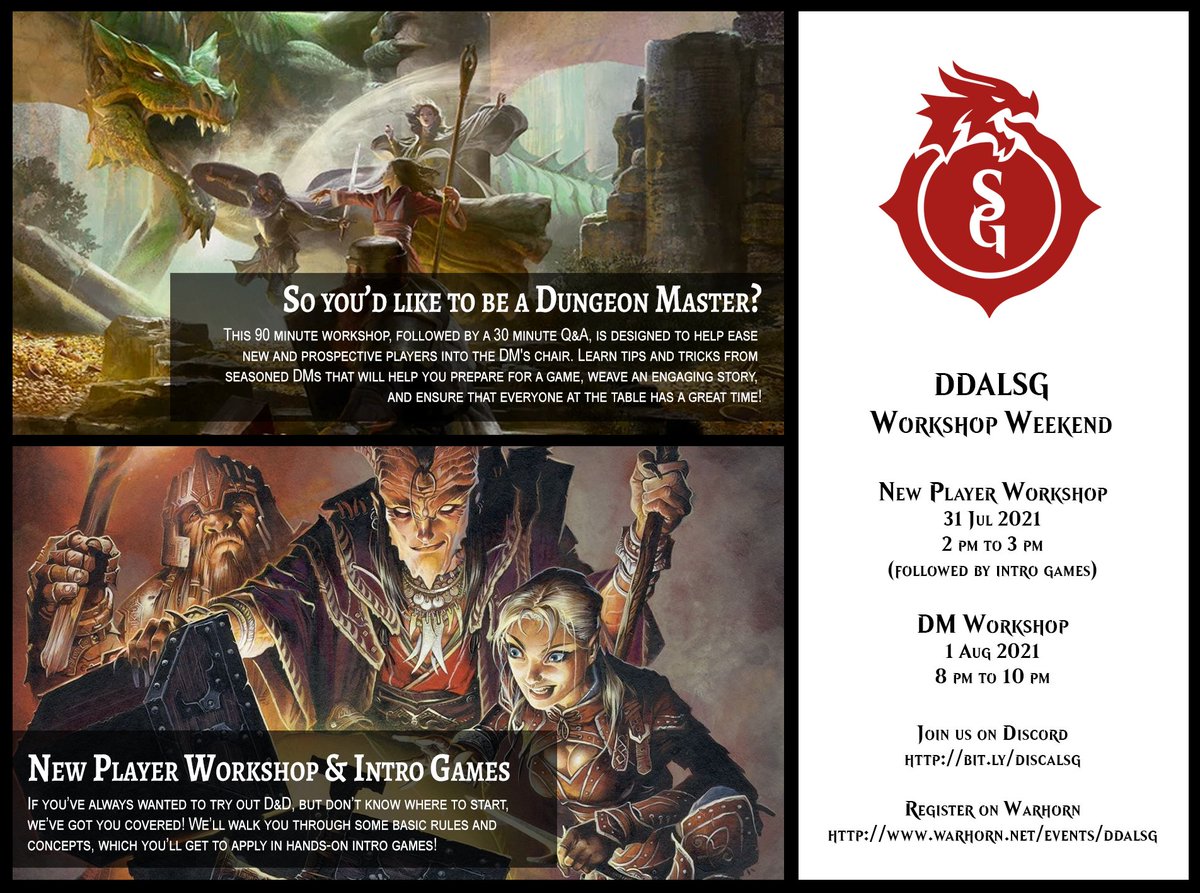 D&D Adventurers League Singapore Community (@ddalsg) on Twitter photo We're running some <a href="/Wizards_DnD/">Dungeons & Dragons</a> workshops next weekend on our Discord server suitable for new players and aspiring DMs.
Register on Warhorn at: bit.ly/waralsg
Join us on Discord at: bit.ly/discalsg
#dndsea #dungeonsanddragons #dndadventurersleague #ddalsg We're running some <a href="/Wizards_DnD/">Dungeons & Dragons</a> workshops next weekend on our Discord server suitable for new players and aspiring DMs.
Register on Warhorn at: bit.ly/waralsg
Join us on Discord at: bit.ly/discalsg
#dndsea #dungeonsanddragons #dndadventurersleague #ddalsg