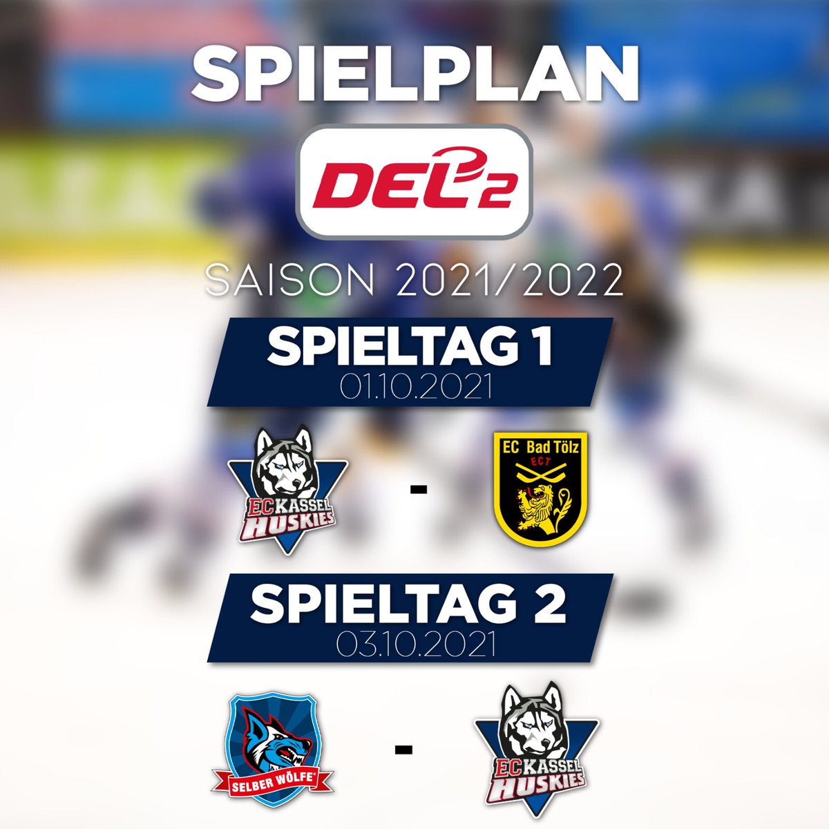 Noch 69 Tage bis zum Start der DEL2-Saison 2021/22 ⏳ Die ersten beiden Spieltagen stehen nun fest:

Kassel Huskies 🆚 Tölzer Löwen
01.10.2021 - 19:30 Uhr

Selber Wölfe 🆚 Kassel Huskies
03.10.2021 - 17:00 Uhr

Wir freuen uns drauf - ihr auch?

#imHerzeneinHusky #Vorfreude